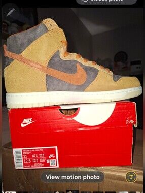 Nike Men’s Dunk High Suede in Tan & Gray W/ Orange Swoosh. New In Box. 11